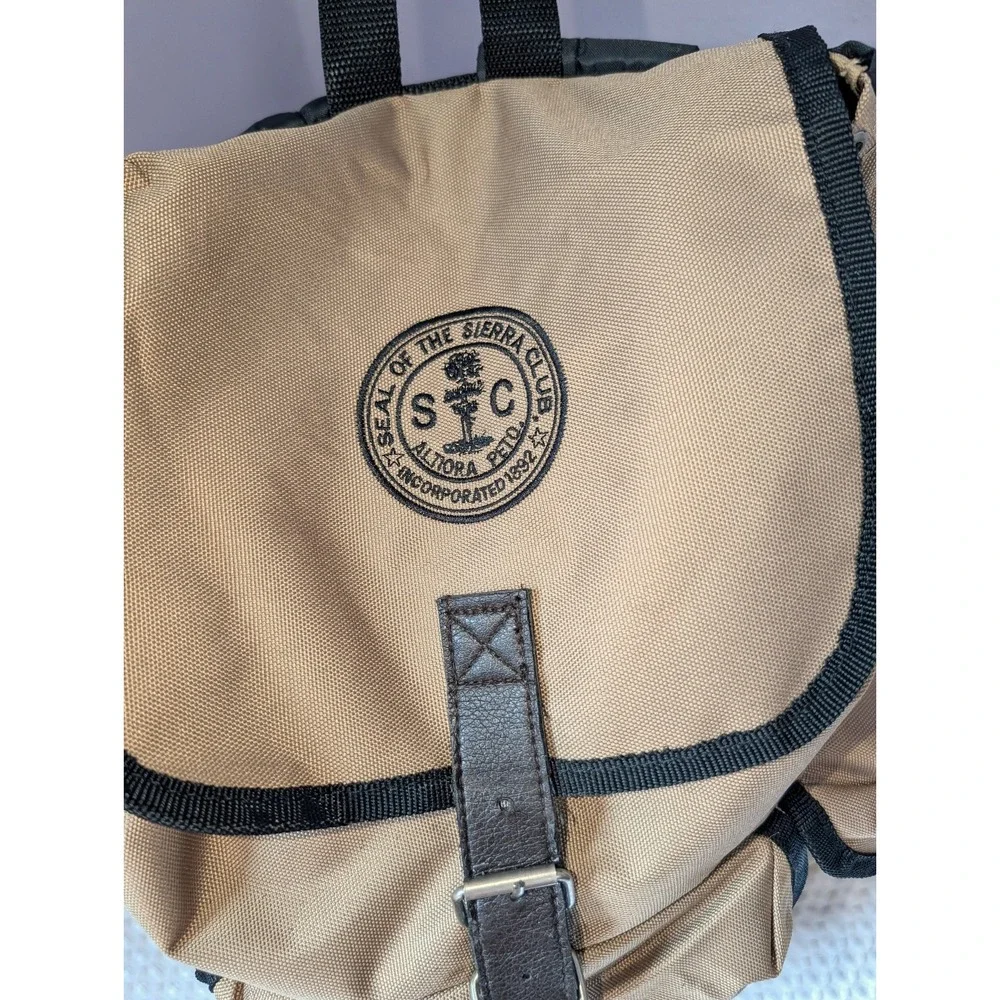 Vintage Sierra Club Backpack Tan Nylon Canvas Faux Leather Logo 14x6.5x10 inches